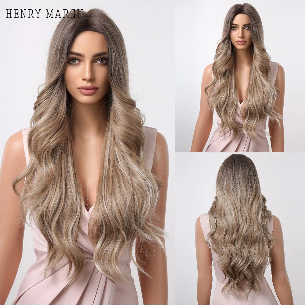 

HENRY MARGU Long Wavy Synthetic Wigs Ombre Platinum Blonde Highlight Wig for Black Women Cosplay Heat Resistant Hair Wigs