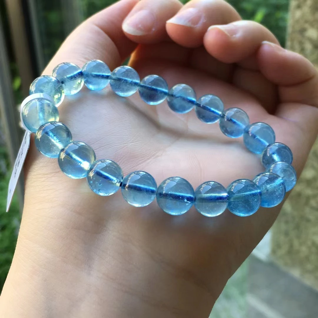 

Natural Blue Aquamarine Round Beads Big Bracelet 9.6mm Aquamarine Women Men Brazil Stretch Jewelry AAAAAA