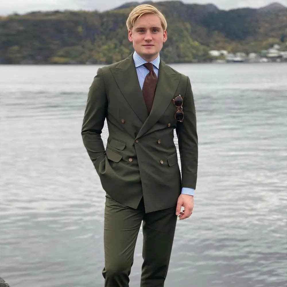 

Костюм мужской двубортный, пиджак, облегающий свадебный смокинг, заостренный носок, одежда для жениха, оливково-зеленый цвет, 2 предмета