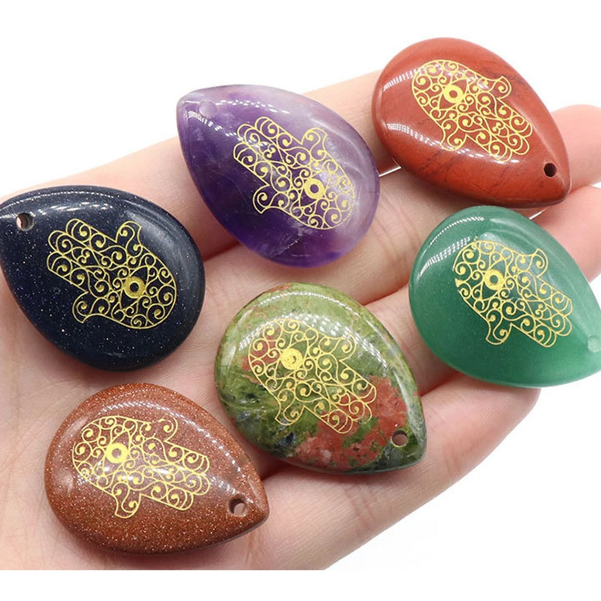 

Gold Hand Chakra Teardrop Gemstone 25x33MM Palm Worry Stone Therapy Geometry Healing Coin Reiki Donut Energy Quartz Crystal