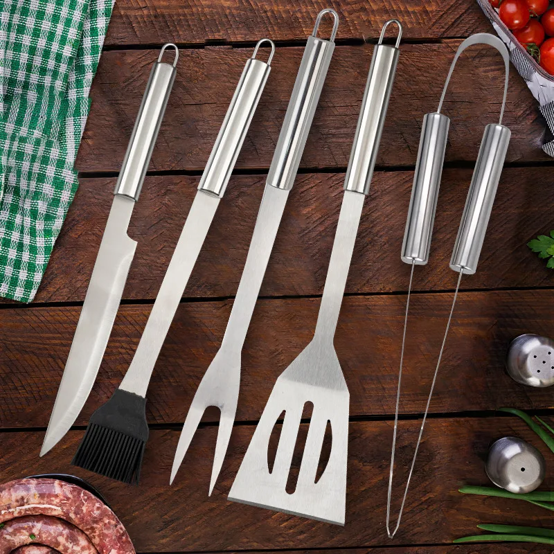 

Stainless Steel Bbq Tools Set Spatula Fork Tongs Knife Brush Skewers Barbecue Grilling Utensil Camping Outdoor Cooking Tool Set