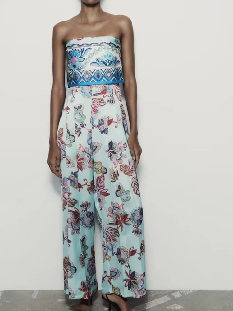 

2023 Women Summer Print Jumpsuit Rompers Fashion Satin Strapless Wide Leg Pants Female Elegant Street Overalls Clothing