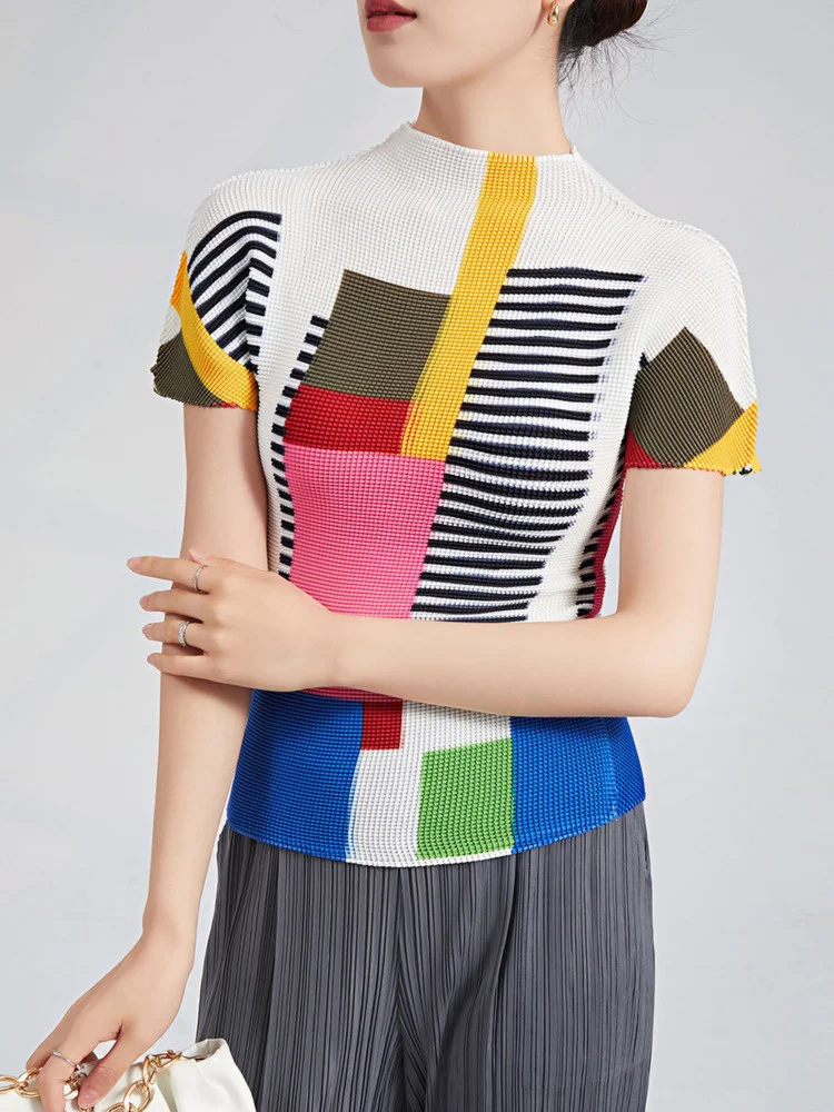 

Block Slim T-shirt For Women Color Turtleneck Short Sleeves Pleated Shirt Female Fashion Top 2023 Summer New