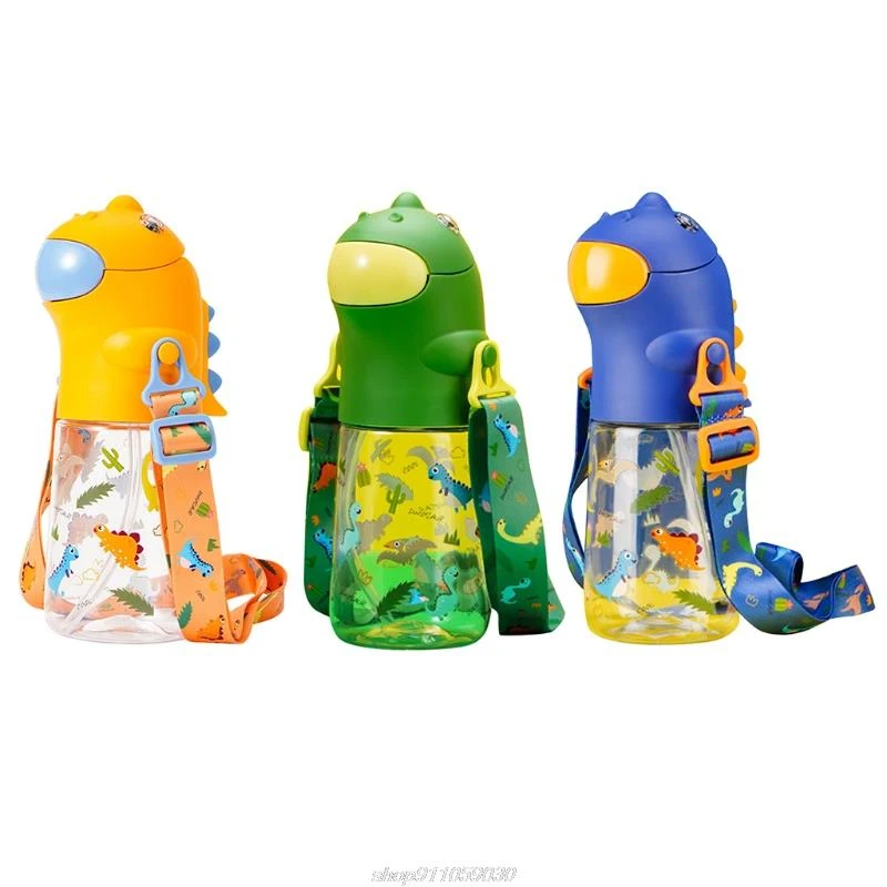 

560ml Cute Cartoon Dinosaur Shaped Water Bottle Children Water Bottle With Silicone Straw Shoulder Strap Leak Proof Children