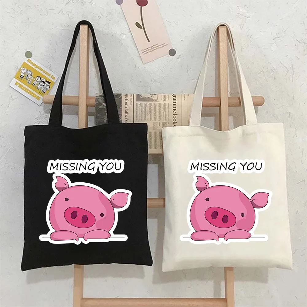 

Missing You Pig Sticker Tote Bags for Women Canvas Shopping Beach Bag Large Capacity Reusable Handbags
