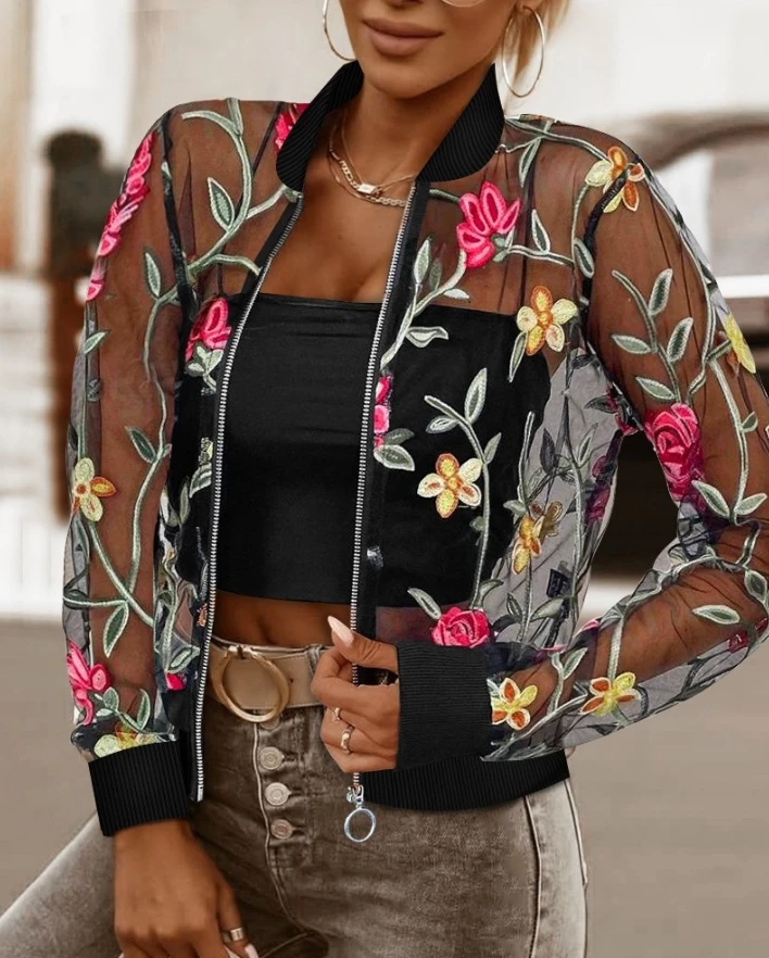 Пальто с длинными рукавами и бейсбольным воротником цветочной вышивкой куртка