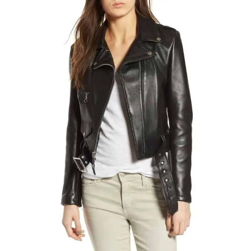 Women Leather Jacket Black Casual Zipper Jacket Genuine Slim Lambskin Jacket