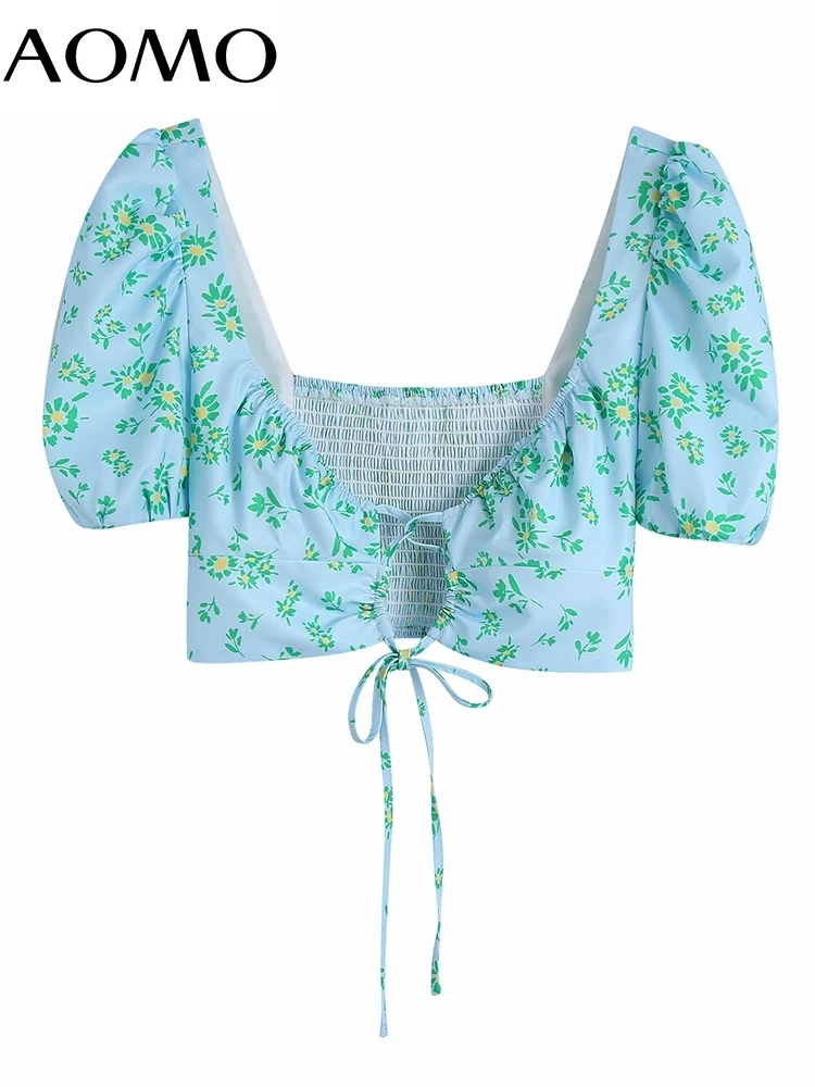 

AOMO Women Retro Print Crop Shirt Summer Blouse Ruffles Short Sleeve Chic Female Tops BE227A