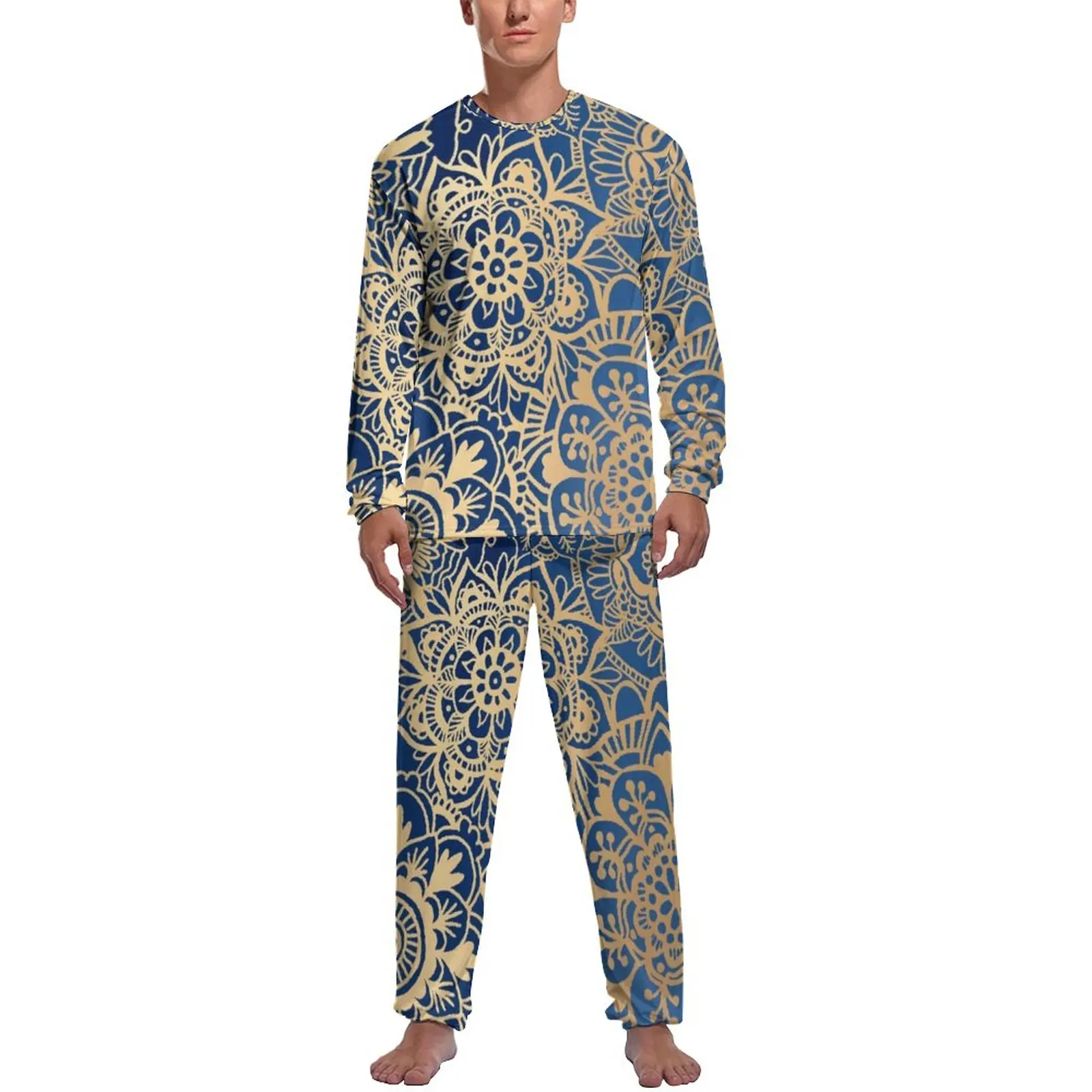 Blue And Gold Mandala Pajamas Long-Sleeve Vintage Flower Print 2 Pieces Casual Pajama Sets Daily Men Graphic Kawaii Home Suit
