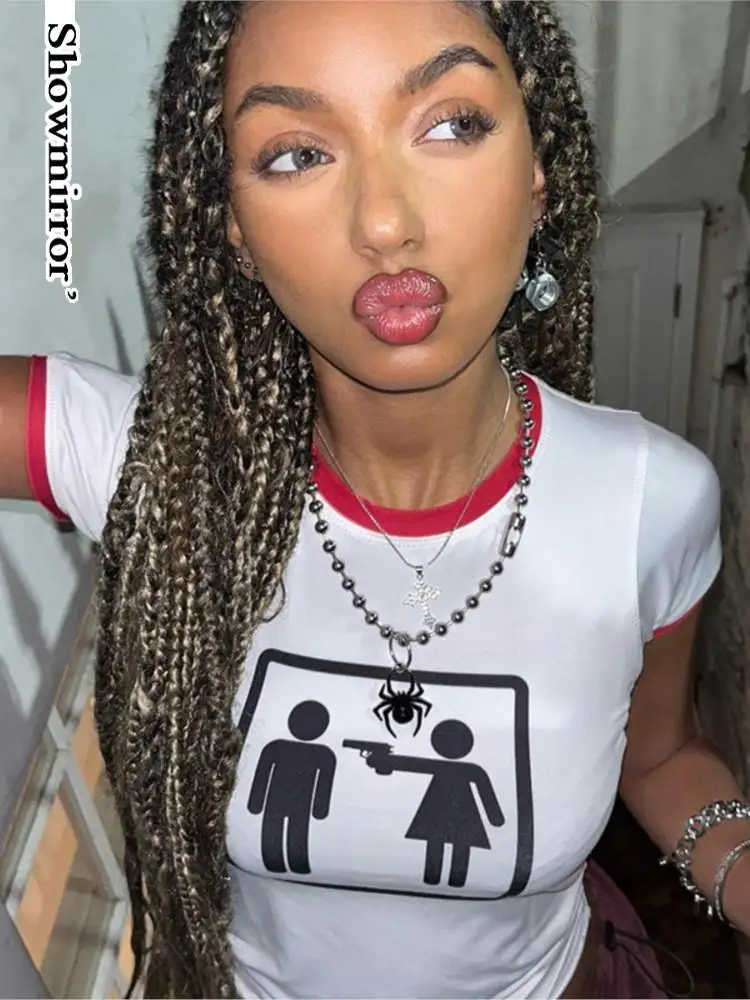 

Showmirror Cute Printed Crop Tops Cotton Short Sleeve T Shirts Streetwear Women Funny T-shirt White Tees Summer Harajuku Clothes