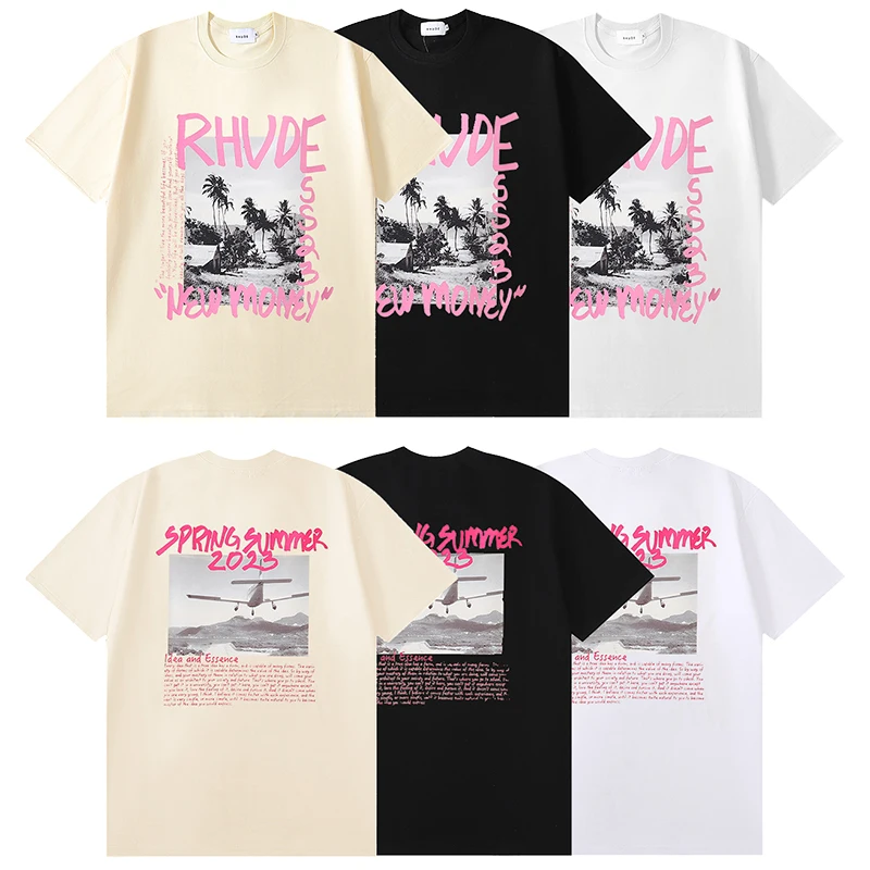 

2023 Spring Summer RHUDE T Shirt Men Women Vintage Seaside Scenery Print Short Sleeve Tees Top