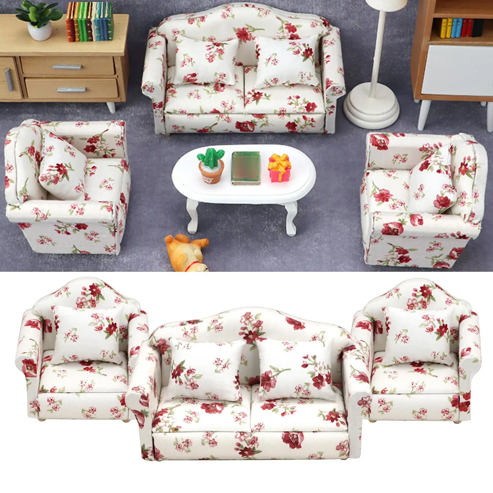 

3x Doll House Furnitre Flower Cover Settee Single Seat Ornament for New Year