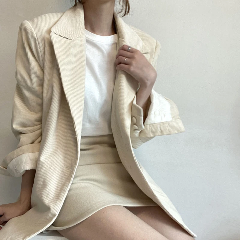 2021 Autumn Women's Korean Fashion Corduroy Suit Temperament Long-sleeved Pure Color Lapel Single-breasted Jacket Female Suit