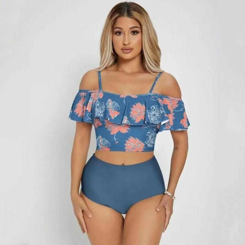 

Off Shoulder Bikini Printed Sexy Flounced High Waist Split For Women 13