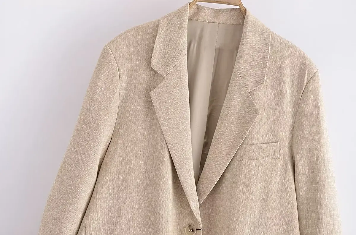 Dave&Di  French Blogger Fashion Beige Elegant Loose Jacket Ladies Boyfriend Style Simple Blazer Women