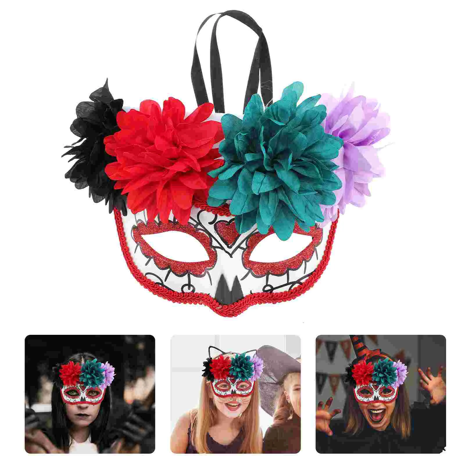 Маска Маскарад Дню Мертвых для косплея Половина лица с цветочным макияжем Черный