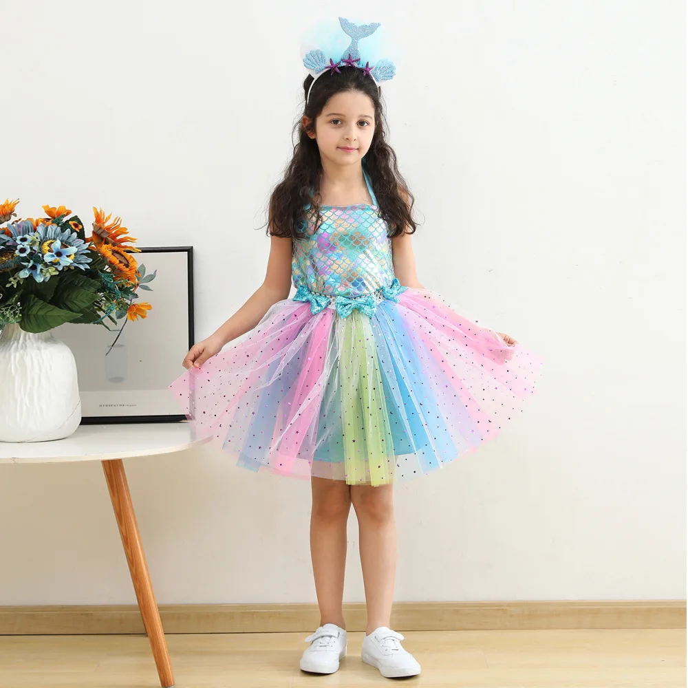 

Rainbow Sequins Girl Princess Tutu Dress Kids Wedding Birthday Party Pageant Tulle Dresses Vestidos Children Bow Clothing