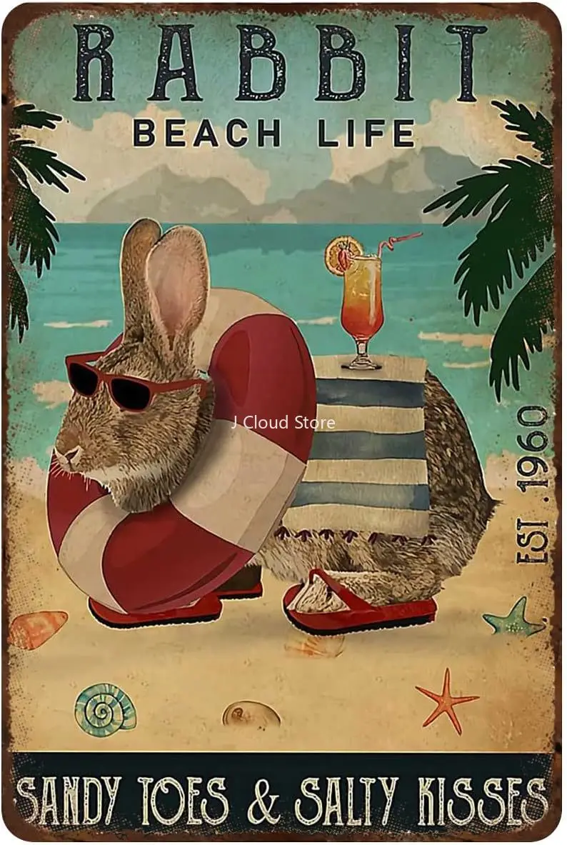 

Vintage Metal Tin Signs Rabbit Beach Life Sandy Toes and Saity Kisses Tin Signs Vintage Funny Bar Club Cave Home Kitchen