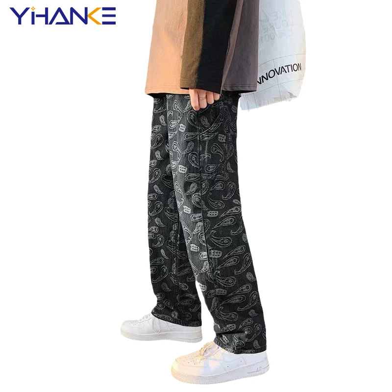 YIHANKE Cashew Flower Black Jeans Men Straight Tube Loose Spring and Autumn Summer Korean Fashion Men Baggy Pants Denim Trousers