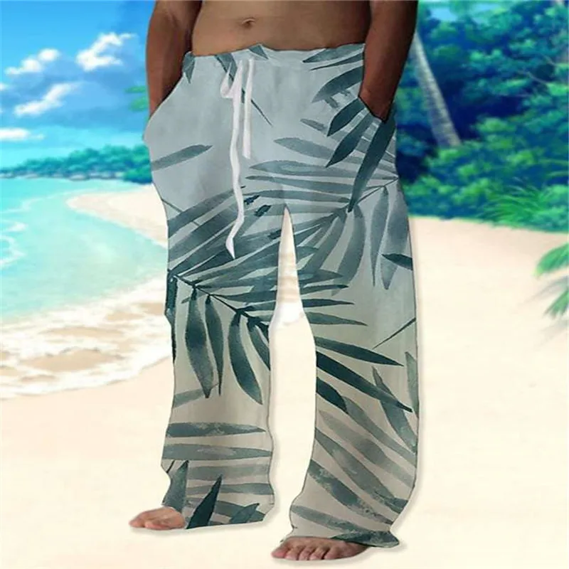 New Men's Coconut Trees 3D Casual Lose Trousers Baggy Pant Pockets Drawstring Elastic Waist Texture Pants Yoga Comfort Soft