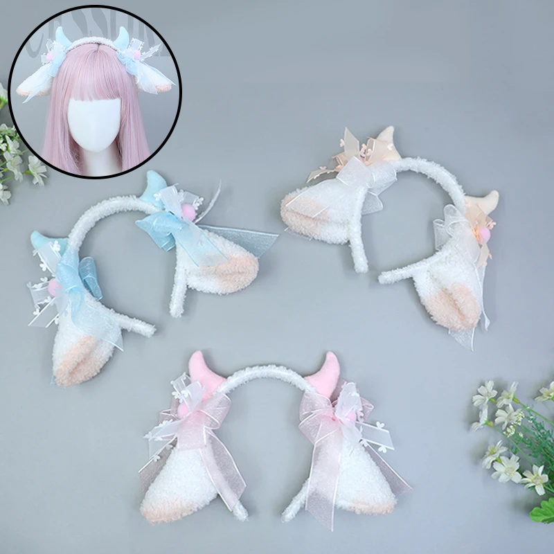 

Lovely Lolita Sheep Ear Headband Adult Sheep Horn Bowknot Plush Hair Hoop Fluffy Headwear Women Girl Party Cosplay Photo Props