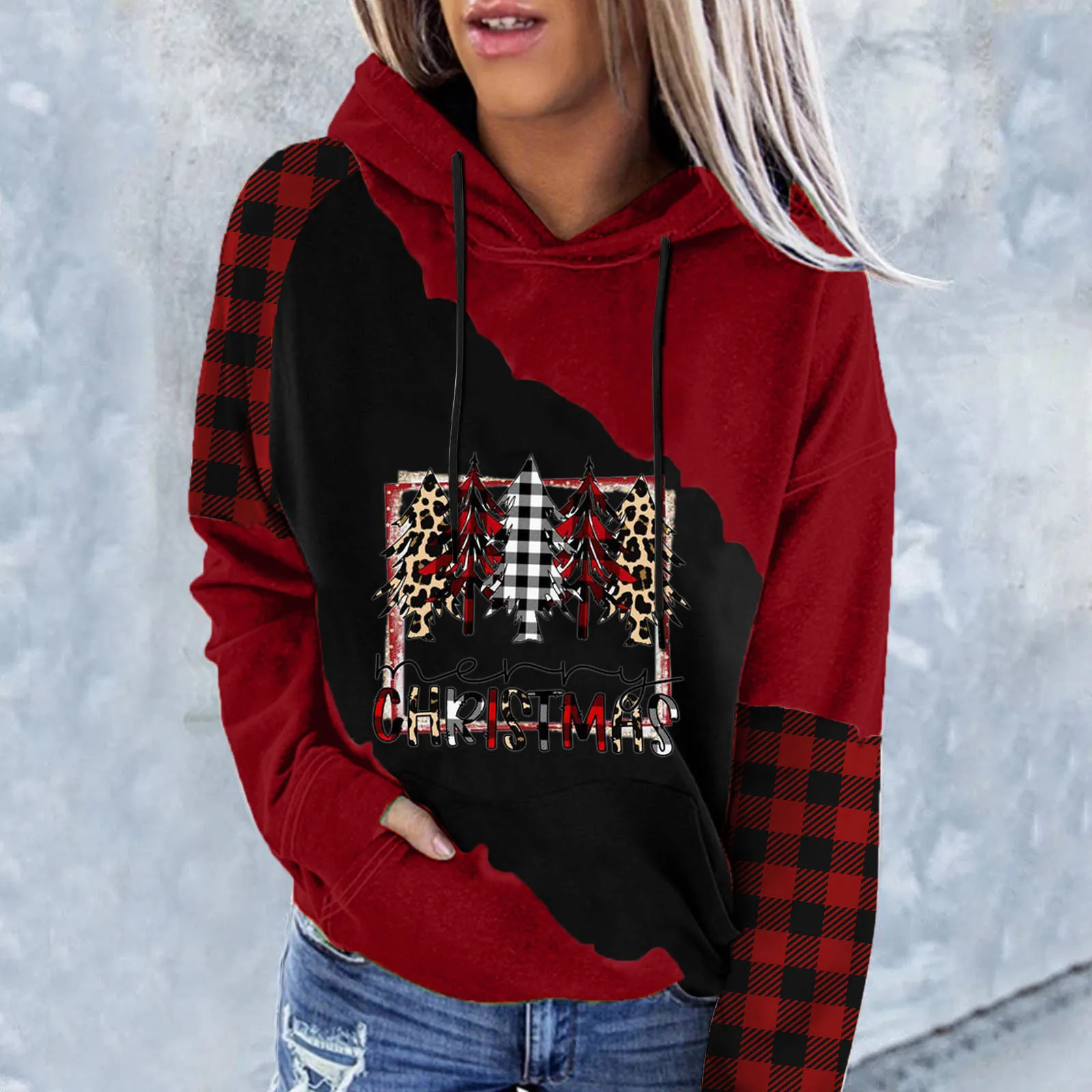

Womens Casual Long Sleeves Womens Christmas Alphabet Christmas Tree Print Patchwork Hooded Plaid Long Long Sleeve Hoodies Women