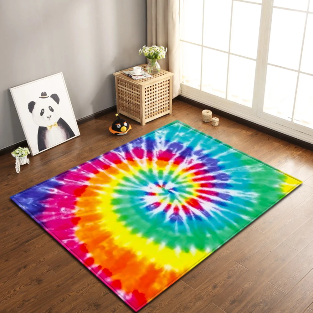 Rainbow Swirl Living Room Area Rug Boho Tie Dye 3D Carpet Bedroom Rug Children Play Mat Memory Foam Anti-Slip Parlor Floormat