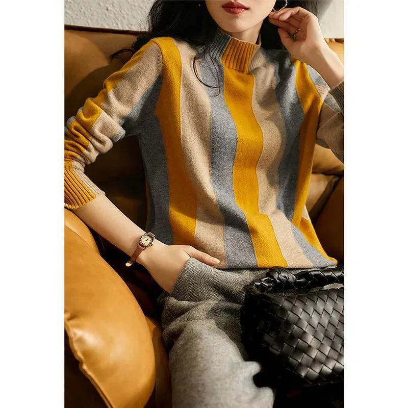 Japan fashion Light Luxury Half-high Collar Vertical Stripes Knit Autumn and Winter New Fashion Pullover Slimming Inner wear ...