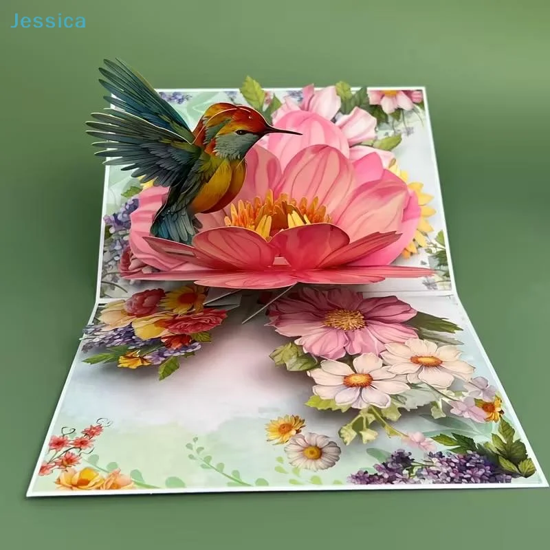 

3D открытка с колибри и цветами