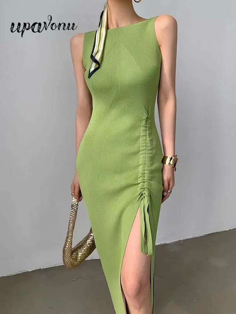 

SSexy Women's Long Knitted Sweater Dress Autumn 2022 O Neck Sleeveless Bodycon Pit Stripe Drawstring Dress Evening Party Vesidos