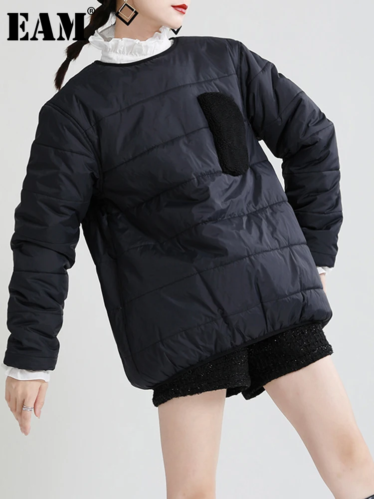 

[EAM] Loose Fit Navy Blue Cotton-padded Sweatshirt New Round Neck Long Sleeve Women Big Size Fashion Spring Autumn 2022 1DE3660