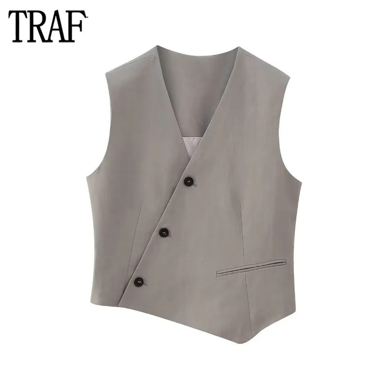 

TRAF Asymmetric Sleeveless Vest Women Button Cropped Vests for Women Autumn Waistcoat Basic Jacket Women Streetwear Vest Women