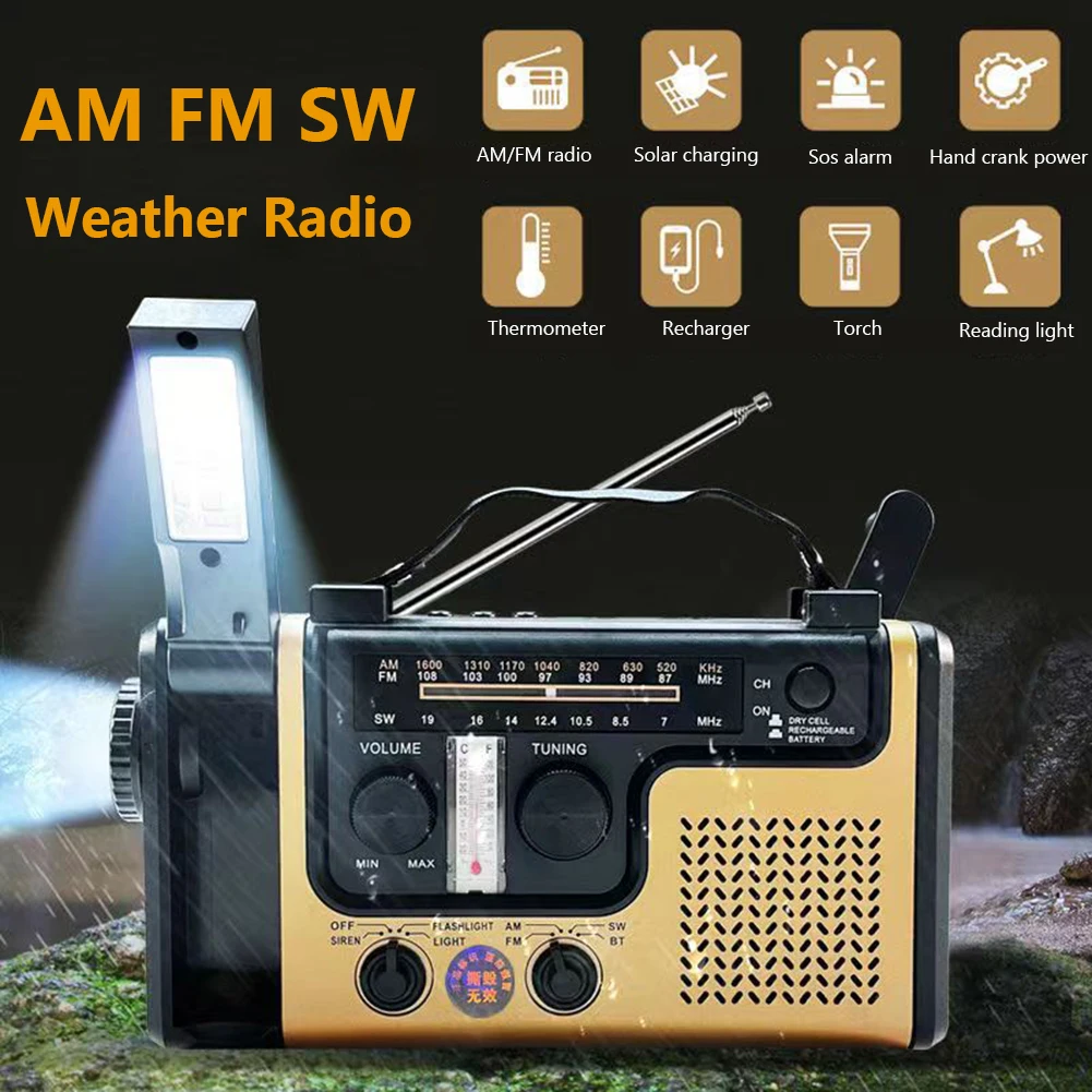 

AM FM SW Solar Radio SOS Alarm Bluetooth-compatible Solar Powered Weather Radio LED Flashlight USB Chargiing for Outdoor Camping
