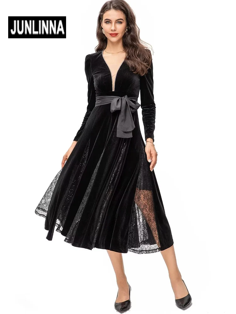 

JUNLINNA Spring Autumn Velvet Mesh Patchwork Dress Fashion Elegant Women Beading Sequins High Street Belt Sliming Vestidos