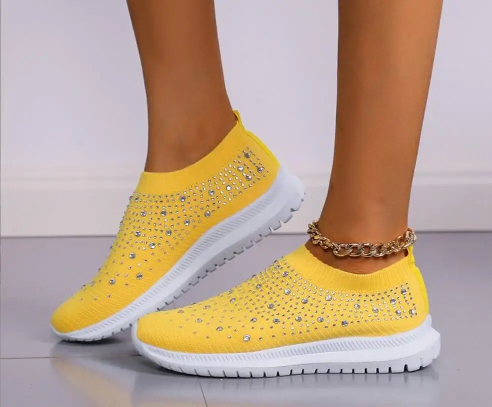 New Women Sneakers Rhinestone elastic socks shoes Mesh Platform  Shoes White Breathable Socofy Casual Shoes Women Flats Shoes