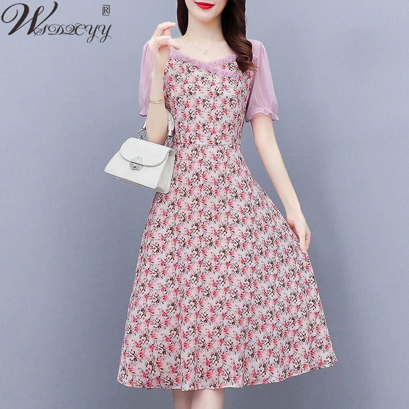 

Women Print Chiffon Bodycon Dress 2022 New French Style Short Sleeve Summer Fairy Grunge Dress High Quality Floral Beach Dress