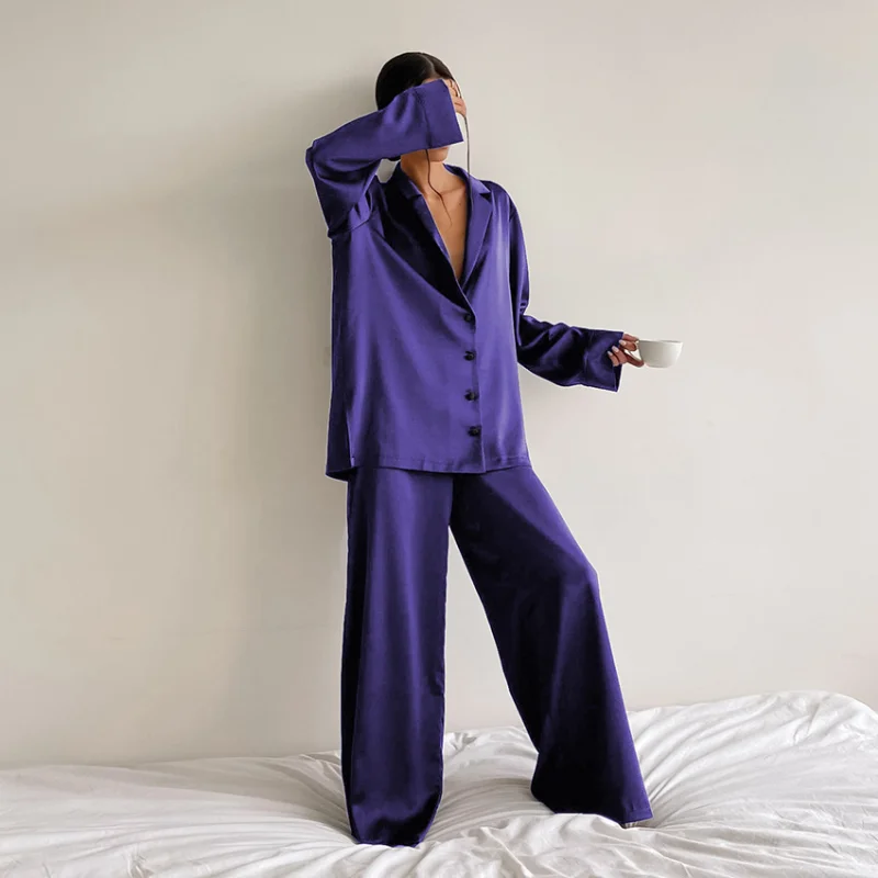 Sexy Low Cut Fashion Pajamas Set For Women Loose Casual Long Sleeve Trouser Suits Solid Satin Silk Female Home Fitted Tops 2-Pce