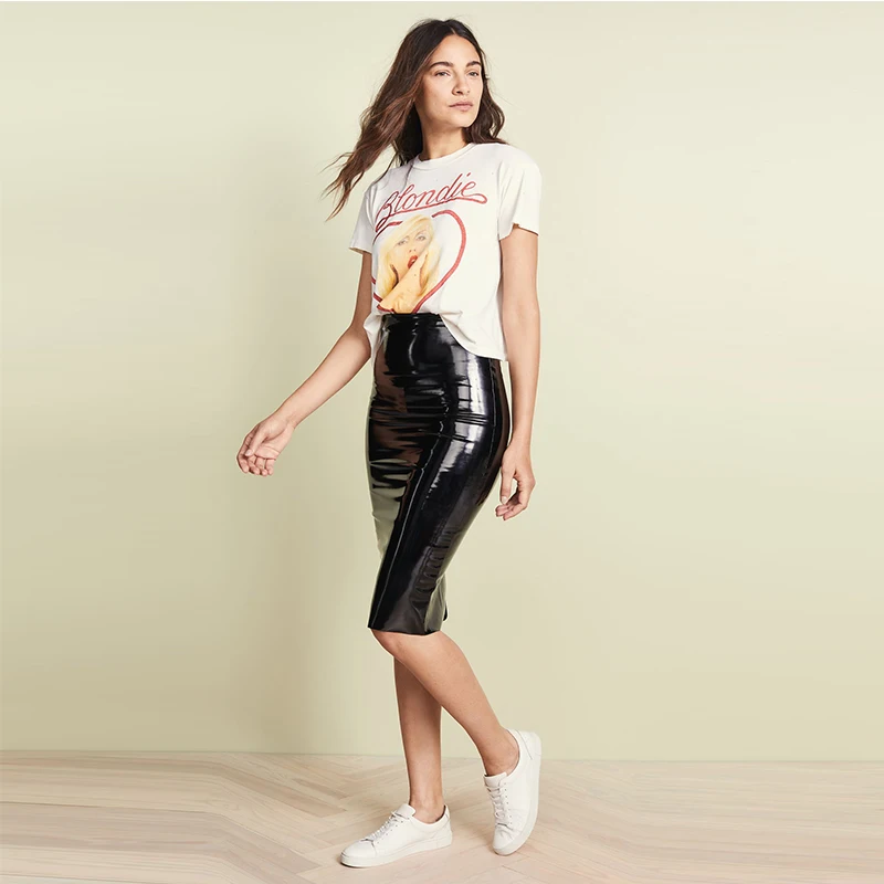 Women High Waist Latex Patent Leather Knee Length Skirt Back Slit Hem Office Lady Skirt Leather Pencil Skirt Summer Streetwear