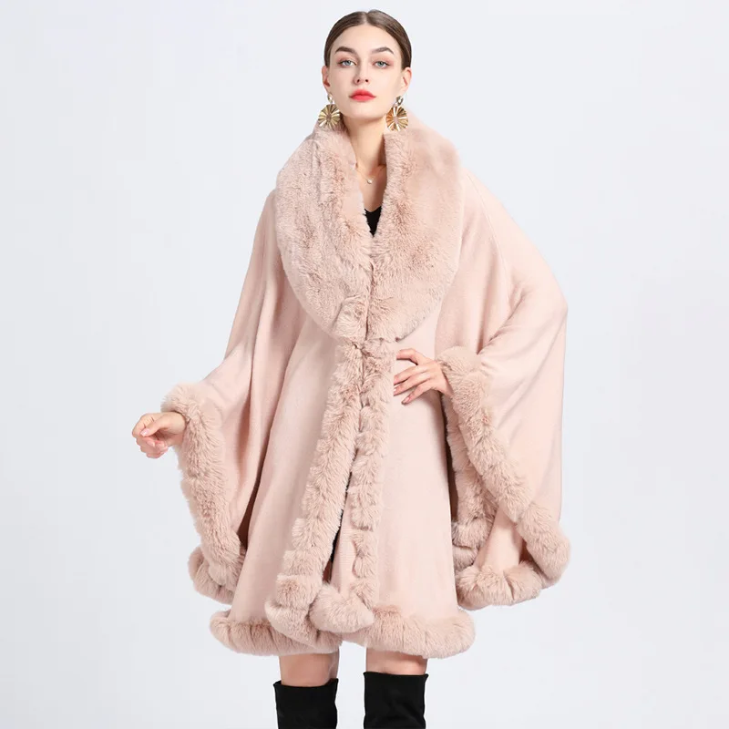 Elegant V Lapel Long Shawl Full Trim Fur Knitl Faux Rex Rabbit Fur Coat Cape Winter Women Big Long Shawl Full Trim Fur  Y1330