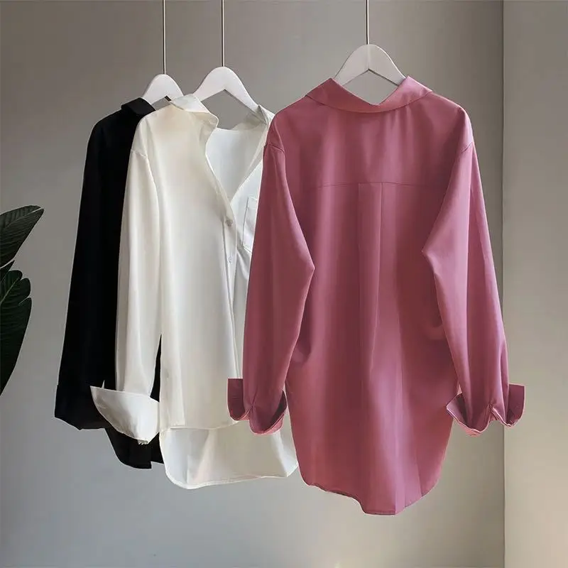 

Fashion Casual Long Sleeve Shirt for Women Elegant Simple Office Loose Solid Color 2023 Spring Autumn Pocket Blouse Tops 28853