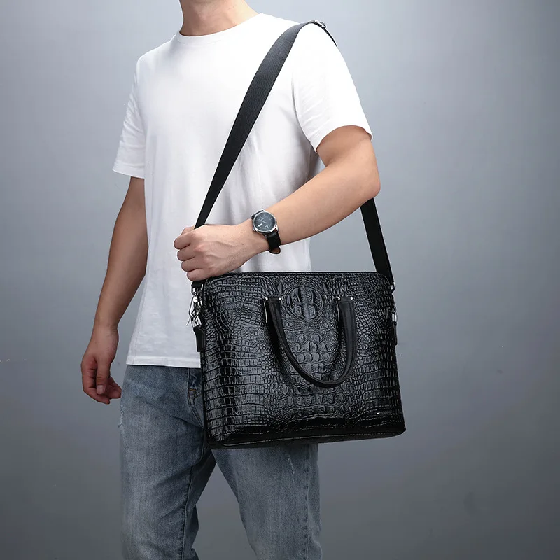 Business Briefcase Bag Gifts For Men Crocodile Pattern Handbag Messenger Shoulder Bags With Strap For Men Durable Office Bag