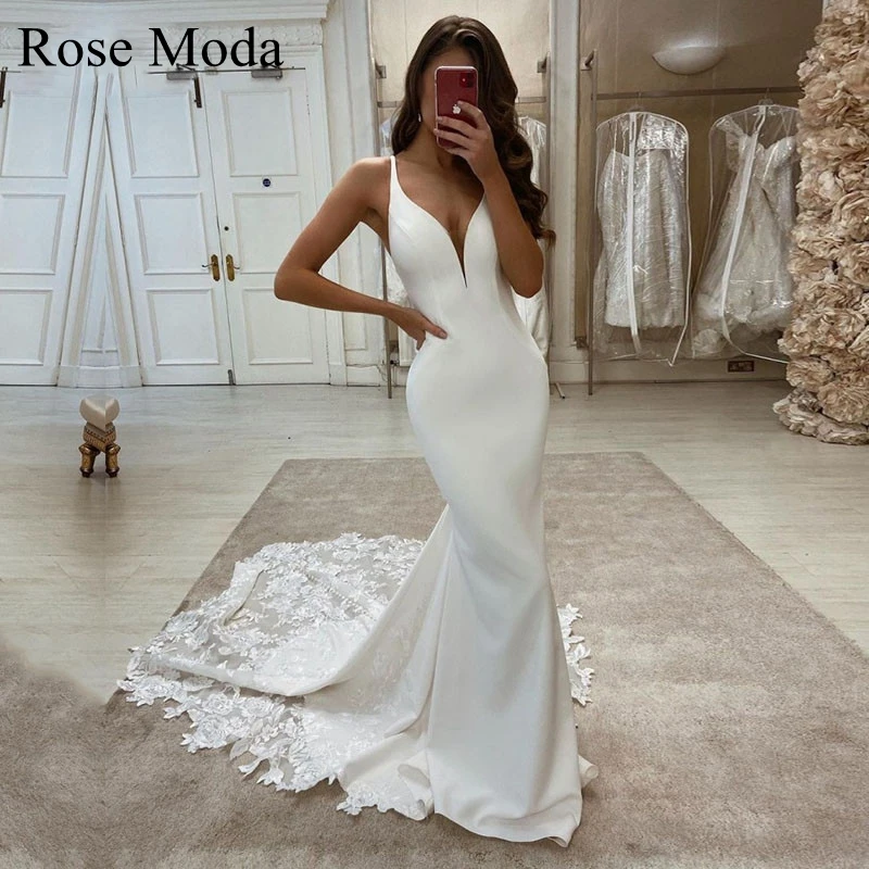

Rose Moda Deep V Neck Sheath Wedding Dress with Lace Train Custom Make