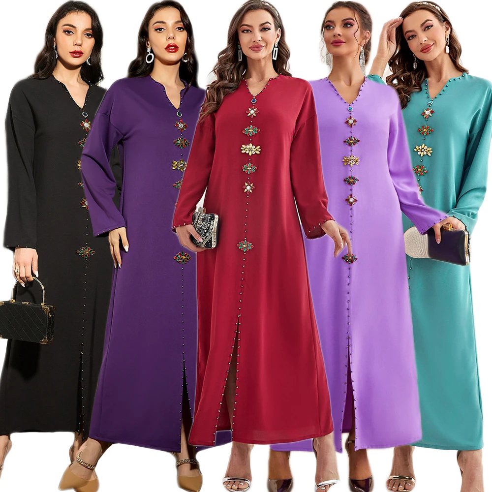 

Turkey Muslim Women Diamonds Long Maxi Dress Dubai Islam Arab Kaftan Morocco Robe Party Femme Jalabiya Caftan Eid Ramadan Gown