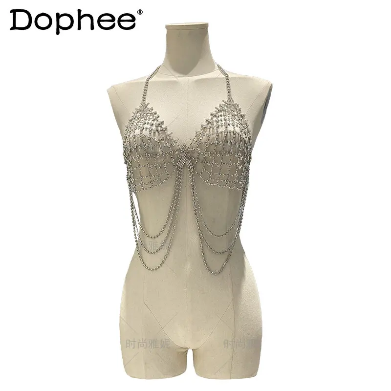 

Сексуальное ожерелье для ночного клуба с кисточкой на груди, верх, яркая Бриллиантовая сетка, бюстгальтер на бретелях, одежда, нижнее белье, облегающая одежда, Майки Y2k