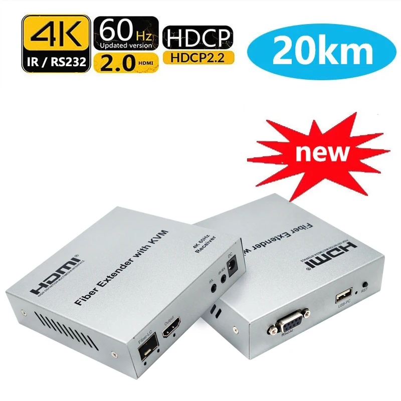 

20km 4K 60Hz HDMI KVM Extender By Fiber Optic Cable Transmitter Receiver Video Converter Support USB Keyboard Mouse Audio Split