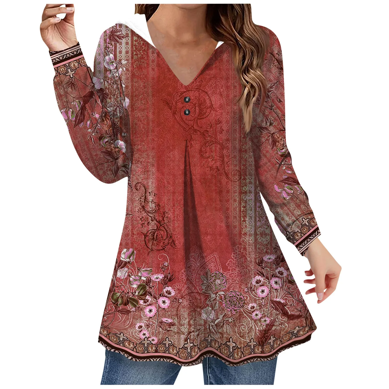 

Autumn And Winter Women'S Top Women'S Casual Fashion Retro Foral Print V Neck Long Sleeve Button Hoodie Tops New Simplicity