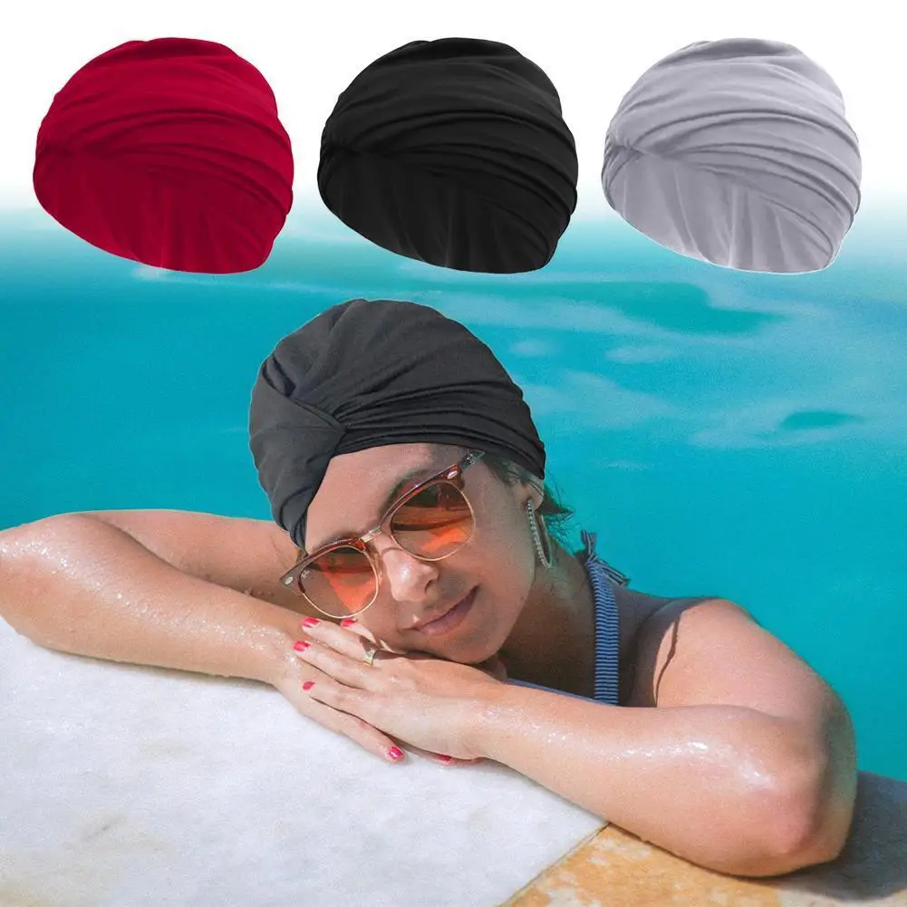 

Women Elastic Swimming Caps Protect Ears Long Hair Hat Swimming Accessories Headwear Cap Pleated Waterproof Diving Solid N0M5