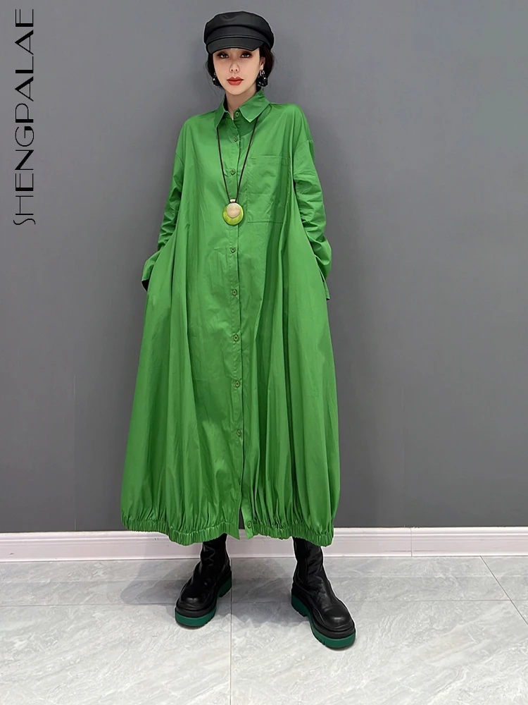 

SHENGPALAE женское платье с отворотом и длинным рукавом, однотонное платье-рубашка, корейский модный тренд, элегантный женский халат, осень 2023, новинка 5WA114