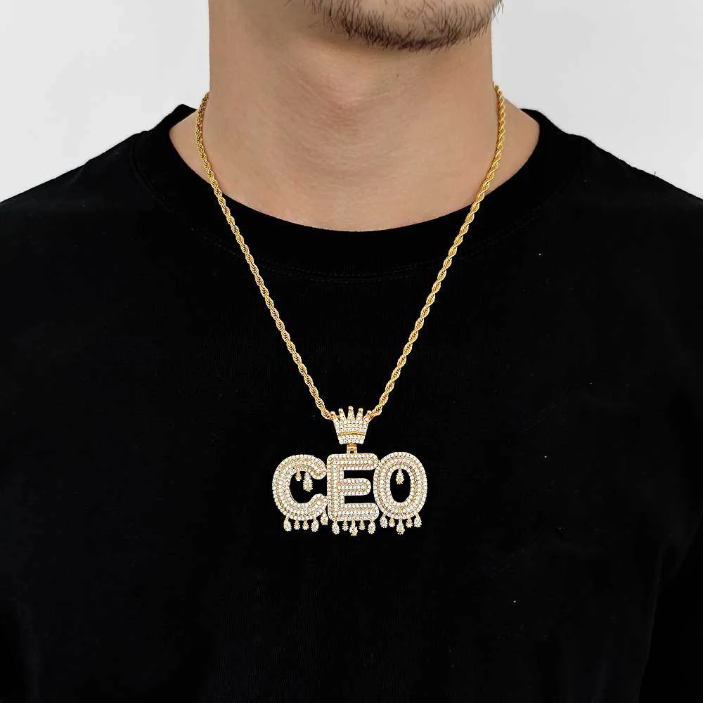TopBling Hip Hop A-Z Custom Letter Pendant Necklace Waterdrop Charm Crown Buckle 18K Real Gold Plated Jewelry
