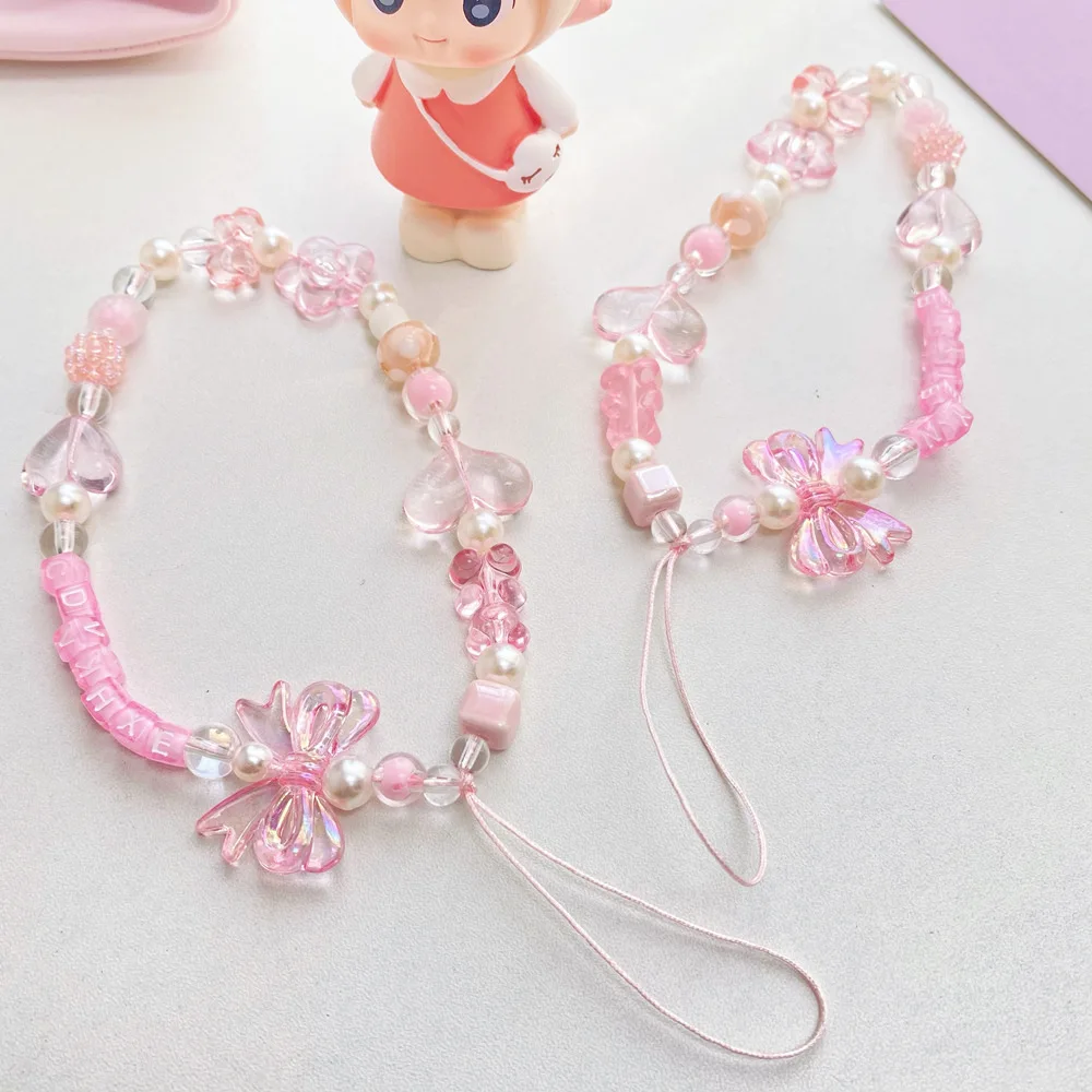 Fashion Popular Resin Pink Bow Beaded Practical Lanyard Delicate Bracelet Anti-Lost Mobile Phone Chain Ladies Jewelry Accessory